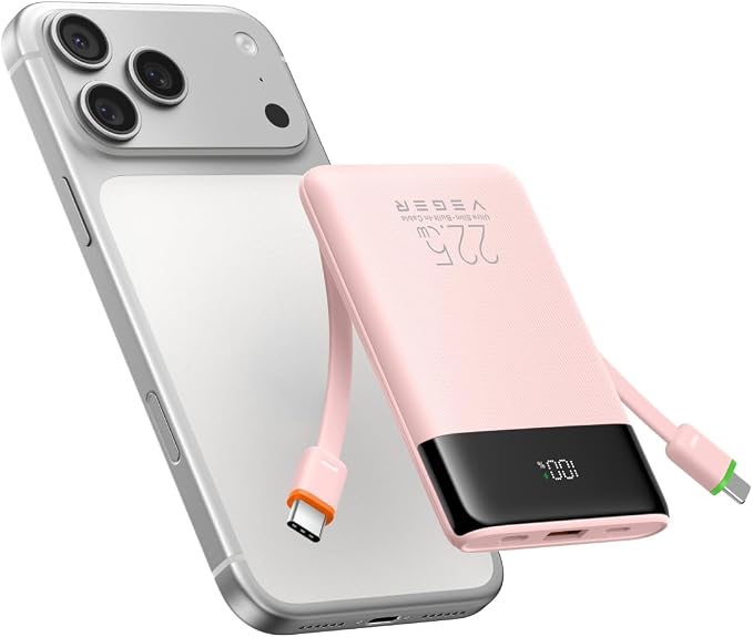 VEGER 10000mAh 22.5W Fast Charging Portable Charger with Built-in Cables | 0.4lb Slim USB C Power Bank, Small Battery Pack for iPhone 17/16/15/14/13 iPad Samsung, Flight Safe, Travel Essential, Pink by VEGER