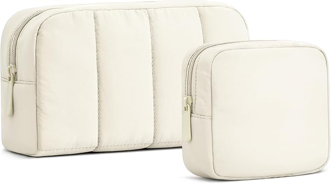 2 Pcs Makeup Bag Travel Toiletry Bag for Women Puffy Padded Cosmetic Pouch Purse Wide-open Makeup Organizer Case Travel Essentials by oscaurt