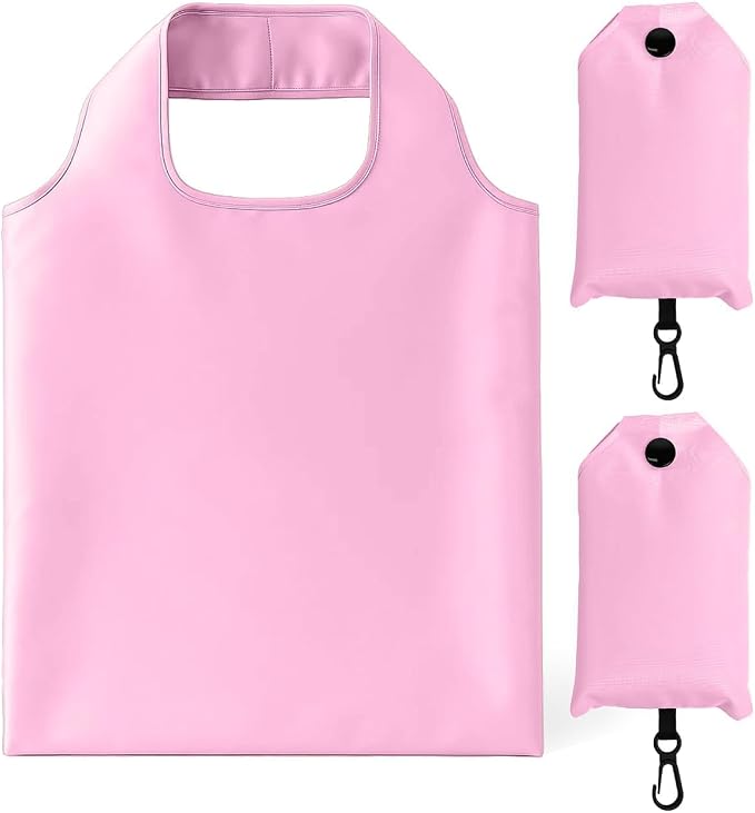 2 Pack Foldable Shopping Bag, Reusable Grocery Tote Bag, Pink | Waterproof Nylon, 35 Pounds Weight Capacity, Pocket Size Carrier by Unknown