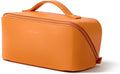 EACHY Travel Makeup Bag for Women, Flat Open Cosmetic Bag, Orange, Medium | Flat-open cosmetic organizer with pockets and clear TPU brush compartment for makeup, toiletries and travel essentials by EACHY