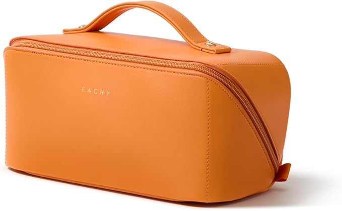 EACHY Travel Makeup Bag for Women, Flat Open Cosmetic Bag, Orange, Medium | Flat-open cosmetic organizer with pockets and clear TPU brush compartment for makeup, toiletries and travel essentials by EACHY