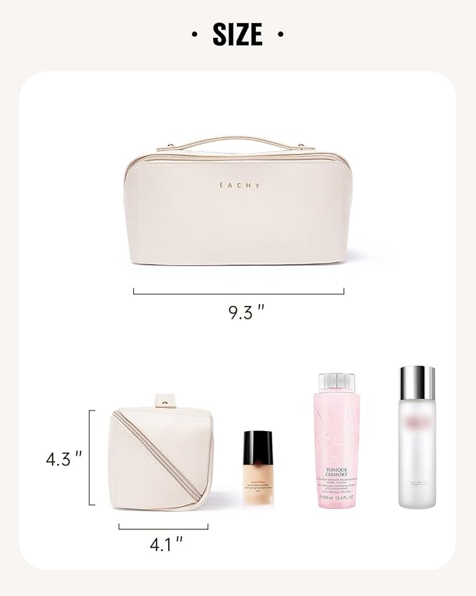 EACHY Travel Makeup Bag for Women, PU Leather Cosmetic Bag, White, Medium | Water-resistant PU leather exterior with flat-open access, clear TPU brush compartment and organized storage for cosmetics - Image 6
