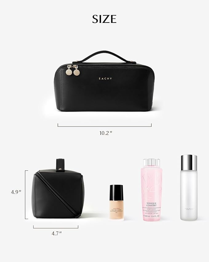 EACHY Travel Makeup Bag for Women, PU Leather Cosmetic Bag, Black, Large | Water-resistant PU leather exterior with flat-open access, clear TPU brush compartment and organized storage for cosmetics - Image 4