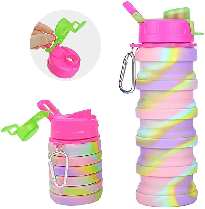 Collapsible Water Bottles 2 Pack 500ml (Yellow Camo+Rose Red) | Portable Expandable Sport Bottle with Carabiner for Travel & Camping - Image 4