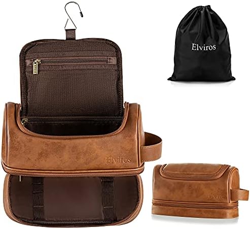 Elviros Hanging Toiletry Bag for Men PU Leather Kit, Extra Large, Brown | Water-Resistant Dopp Kit with Hanging Hook for Travel, Shaving Tools, Toiletries, Grooming Items, and Bathroom Storage by Elviros