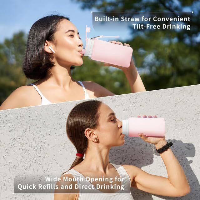 Collapsible Water Bottles 26oz with Spout & Carabiner, Odorless BPA-Free Silicone, Leak-Proof Foldable Reusable Bottle - Perfect for Travel Sports Gym Hiking Camping Cycling - Quartz Pink - Image 5