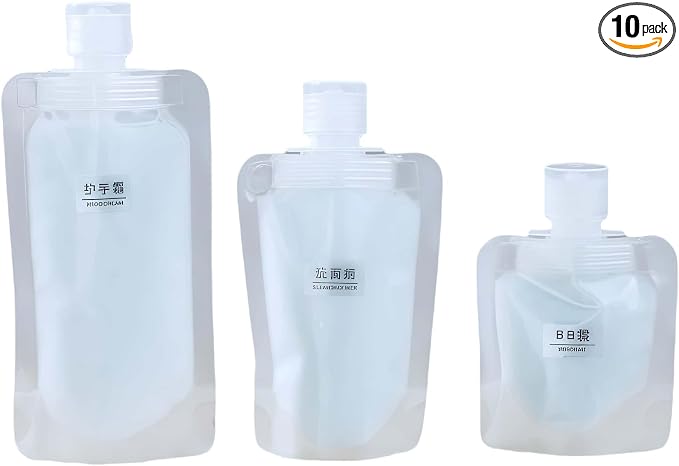 Travel Pouches for Toiletries, 10 Pack Portable Containers, Stand Up Pouch, Refillable Travel Accessories for Shampoo Conditioner, 50ML/1.7OZ, PET Plastic Material by MAAYKOM