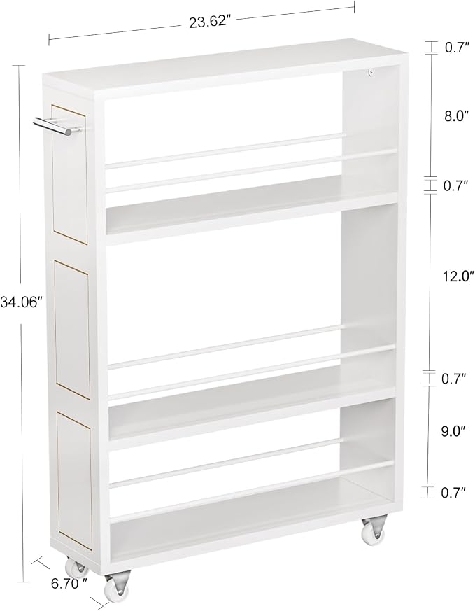 KLM 4 Tier White Slim Storage Cart with Handle, Slide Out Storage Rolling Utility Cart for Kitchen, Laundry, Narrow Places-6.7" W - Image 4
