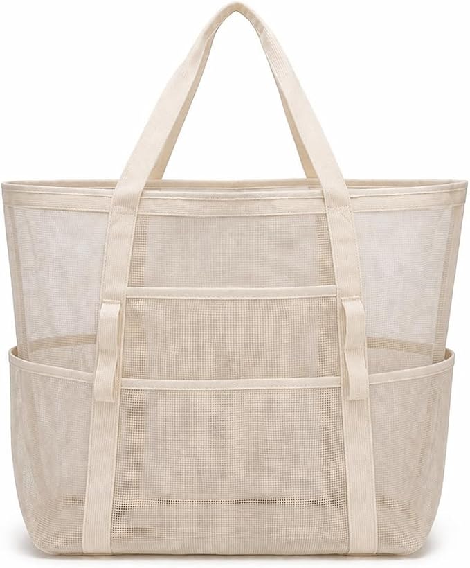 Mesh Beach Tote Bag Large Capacity Pool Gym Laundry Tote Foldable with Pockets Lightweight Travel Bag by HEROWORLD