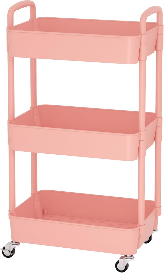 Sywhitta 3-Tier Plastic Rolling Utility Cart with Wheels for Storage, Pink | Multi-Functional Storage Trolley, for Office, Living Room, Kitchen, Bathroom,Movable Organizer,Space-Saving,Easy to assemble - Image 8