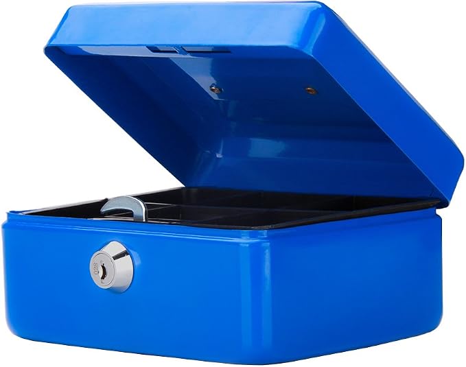 Decaller Small Cash Box with Key Lock, Double Layer Metal Money Box for Home Security, Portable Locking Box, 5.9" x 4.7" x 3.2", Blue by Decaller
