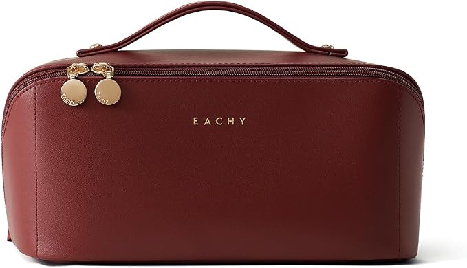 EACHY Travel Makeup Bag for Women, Flat Open Cosmetic Case, Red, Large | PU leather organizer with flat-open access, storage pockets and clear TPU brush compartment for daily makeup and toiletries - Image 5