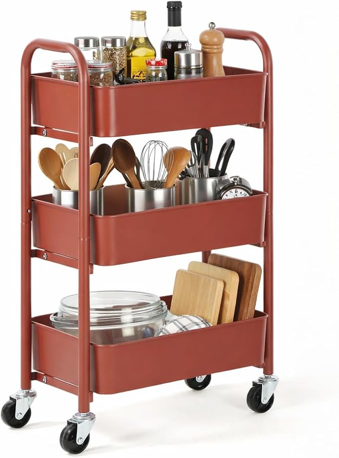 SunnyPoint 3-Tier Delicate Compact Rolling Metal Storage Organizer - Mobile Utility Cart Kitchen/Under Desk Cart with Caster Wheels (RED, 15.35" X 10.24" X 26.8"H) by SunnyPoint