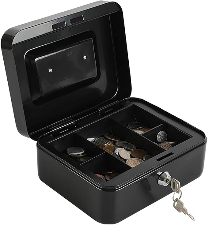 xydled Medium Cash Box with Lock, Removable Coin Tray, Steel Money Box, Black - Image 3