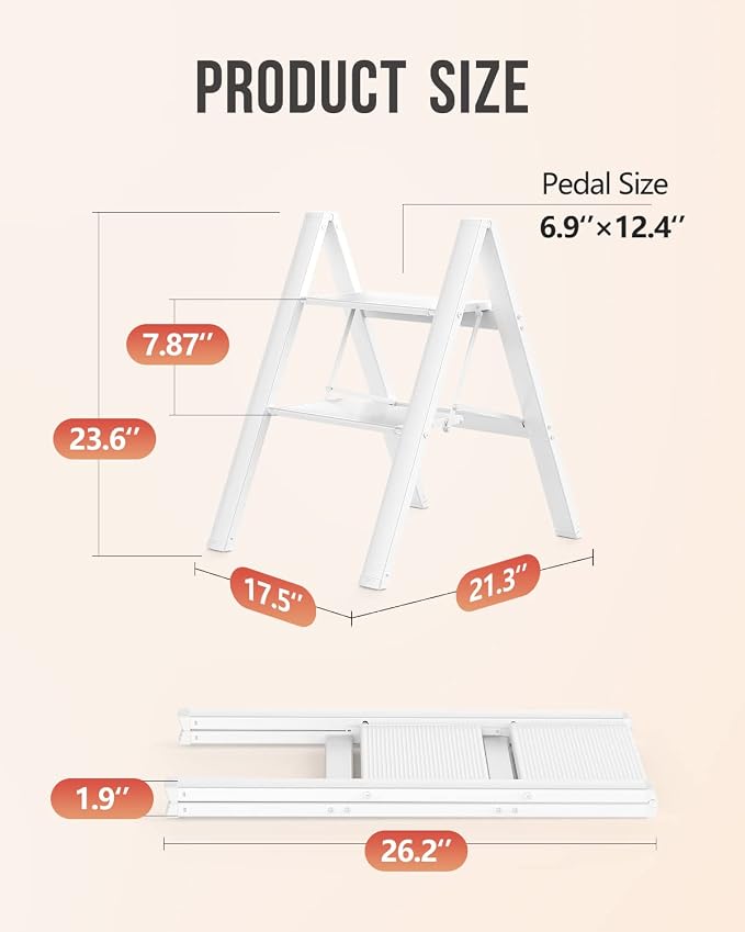 2 Step Ladder, Foldable Step Stool, 300lbs Load, White | Folded 27''H x 2''T; Net 6.6 lbs; Rigid Aluminum Steps; No Assembly; For Home, Kitchen, Office, Pantry, Closets, Cabinets - Image 6