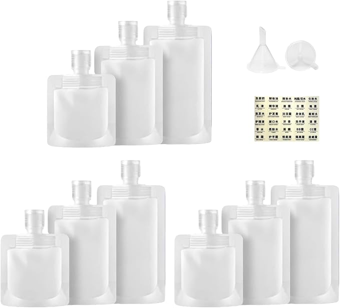 9Pcs 30/50/100ml Travel Size Toiletries with Small Funnel & Label | 9 Pcs 3 Sizes 30ml/50ml/100ml Travel Size Toiletries, Makeup Bag Travel Toiletry Bag for Women, Pouches for Toiletries by Unknown