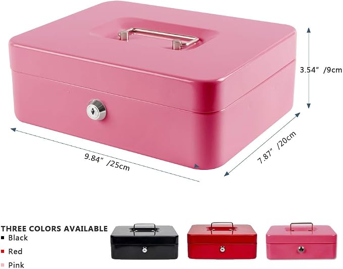 KYODOLED Large Metal Cash Box with Money Tray and Lock,Money Box with Cash Tray,Cash Drawer,9.84"x 7.87"x 3.54" Pink Large - Image 5