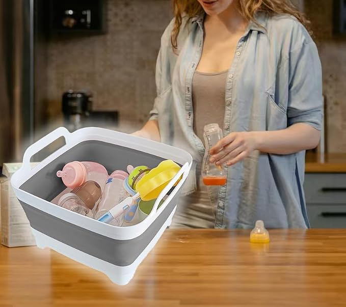 Collapsible Wash Basin with Drain Plug - 2.4 Gallon Foldable Kitchen Sink for Baby Bottles, RV Camping, Space-Saving Dish Tub (Gray) - Image 7