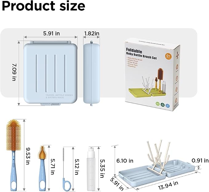 Travel Bottle Cleaner Kit with Foldable Bottle Drying Rack, Blue | Auto-Open Rack & Vertical Brushs Drying Slots, 3 Silicone Brushes, Foldable Drying Rack, Dispenser, BPA Free. - Image 6