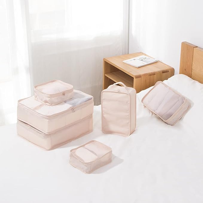 Packing cubes for Travel 6 Set Luggage Organizer Bags Packing Cubes for Suitcases Travel Essentials for Carry on Mesh Suitcase Organizer with Shoe Bag (cream) - Image 5