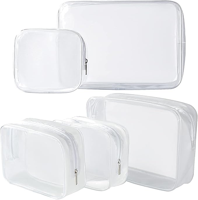 5 Pack Clear Plastic Zippered Toiletry Carry Pouch White, Mixed Size TSA Approved, Portable Cosmetic Makeup Bag, For Vacation, Bathroom and Organizing by Homtable