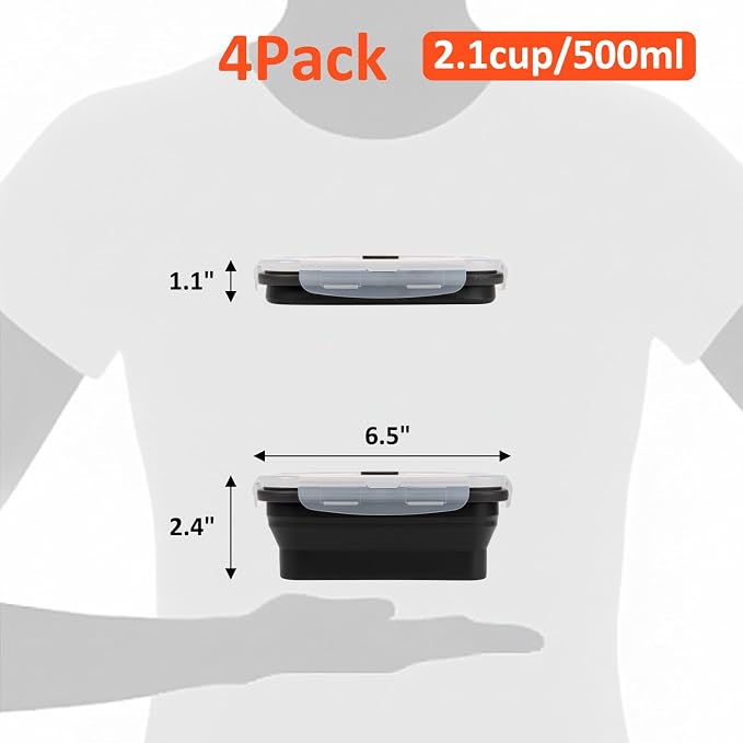 Collapsible Silicone Food Storage Containers Set with Lid & Air Vent,Foldable Lunch Containers(4PCS,Black,17oz) - Image 2