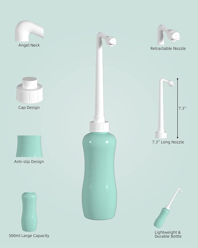 Hibbent 2 Pack 500ml Portable Bidet Sprayer for Women or Men, Handheld Travel Bidet for Personal Hygiene, Jet Spray Bottle for Toilet & Bathroom, Peri Bottle for Postpartum Care, Travel Bag, Green - Image 3