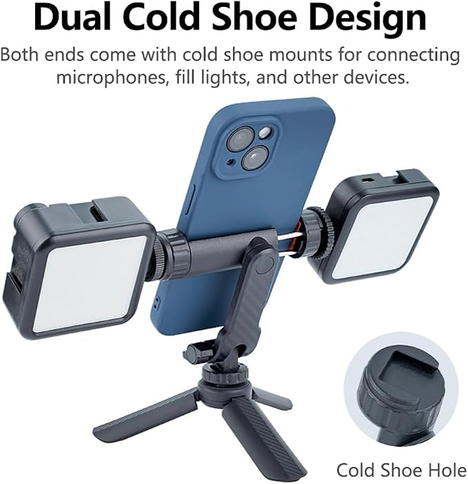 Dual Cold Shoe Phone Mount Holder — Universal Adjustable Smartphone Clamp with Dual Cold Shoe Mounts for Microphone & LED Light, 360° Rotating Ball Head, 1/4"-20 Tripod Screw Compatible - Image 3