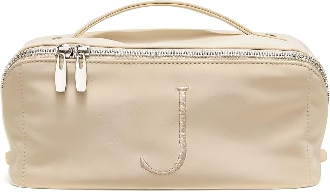EACHY Travel Makeup Bag for Women, Personalized Initial J Cosmetic Bag | Personalized flat-open organizer with inner pockets, clear TPU brush pocket and reinforced handle for makeup and travel by EACHY