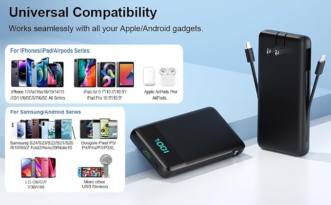 Portable Charger for iPhone,13800mAh Slim Power Bank with Built-in Cables & AC Wall Plug,All in One 4 Outputs USB C Fast Charging Battery Pack Powerbank for iPhone 17/16/15/14,Android,Travel Essential - Image 9