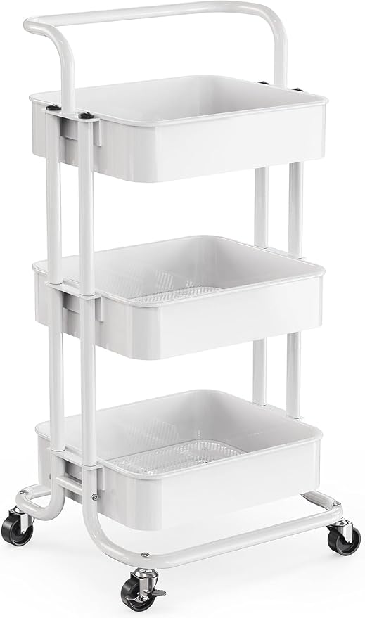 Pipishell 3 Tier Rolling Cart, Metal Utility Cart with Wheels and Handle, Rolling Storage Cart for Nursery Room, Living Room, Painting Room, Office and Kitchen, White by Pipishell