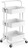 Pipishell 3 Tier Rolling Cart, Metal Utility Cart with Wheels and Handle, Rolling Storage Cart for Nursery Room, Living Room, Painting Room, Office and Kitchen, White by Pipishell