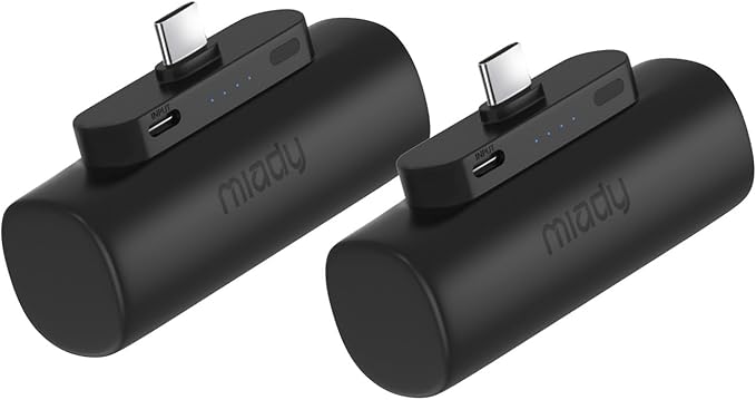 Miady 2-Pack Mini Portable Charger Built-in USB C Connector Small PowerBank | 5000mAh丨Lightweight丨for Backpack Travel丨Compatible with iPhone 17 Galaxy Android丨Ultra-Compact丨Flight-Safe丨18Wh丨Black+Black by Miady