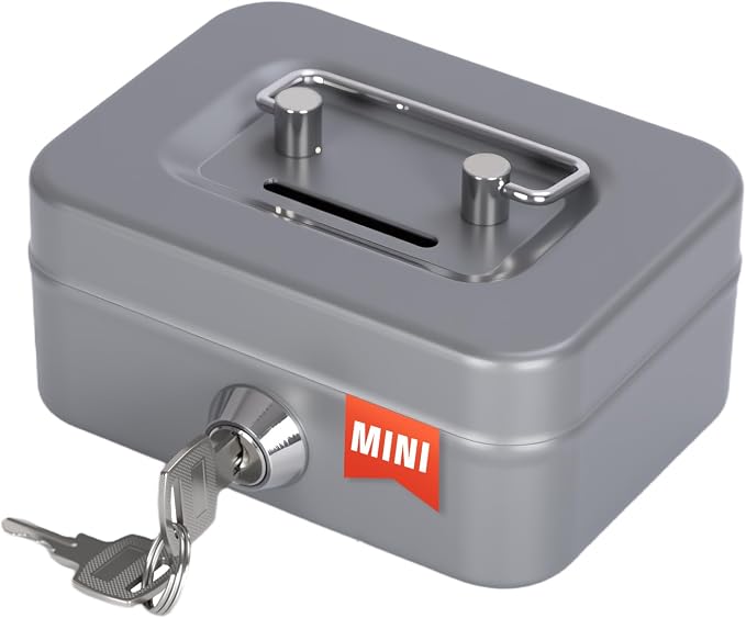 Cash Box with Lock Small Cute Coin Lock Box with Money Slot Mini Portable Gamble Safe Box 4.5"x3.4"x2.4" Grey by Crinwaki