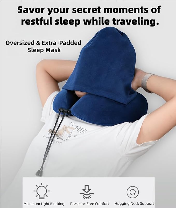 Travel Neck Pillow with Extra Large Hood Rollable Airplane Hooded Neck Pillow with Memory Foam Filling and Removable, Skin-Friendly Cover with a Carrying Pouch - Image 3