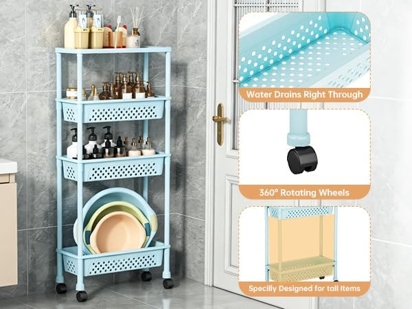Slim 4 Tier Rolling Storage Cart Narrow Bathroom Organizer on Wheels Blue | 6.7" wide for tight bathroom/kitchen gaps, extra-tall tier, 360° casters, quick-dry shelves, tool-free storage rack - Image 6