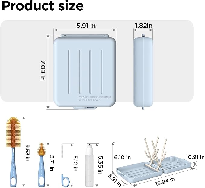Travel Bottle Cleaner Kit with Foldable Bottle Drying Rack, Blue | Auto-Open Rack & Vertical Brushs Drying Slots, 3 Silicone Brushes, Foldable Drying Rack, Dispenser, BPA Free. - Image 2