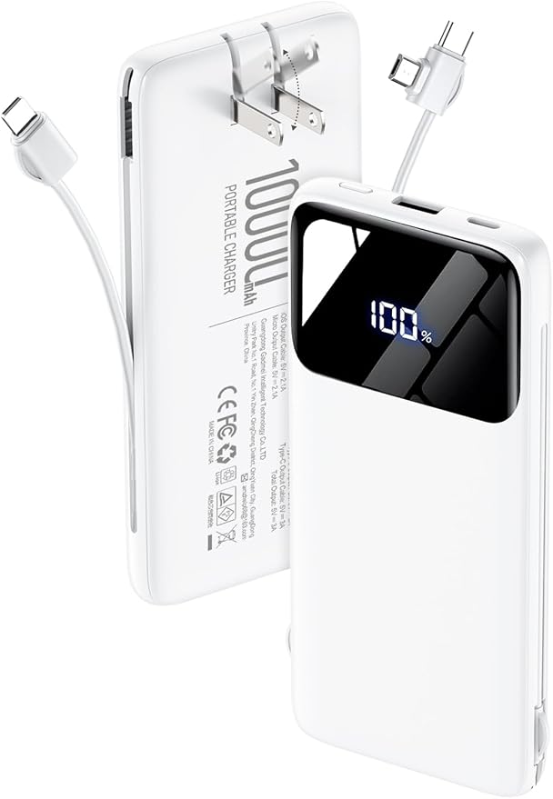 Portable Charger 10000mAh Power Bank with Built-in Cables and Wall Plug | Slim Fast Charging USB-C Battery Pack, LED Display Travel Essential Portable Phone Charger for Cell Phones(Cream) by Zmmyuluo