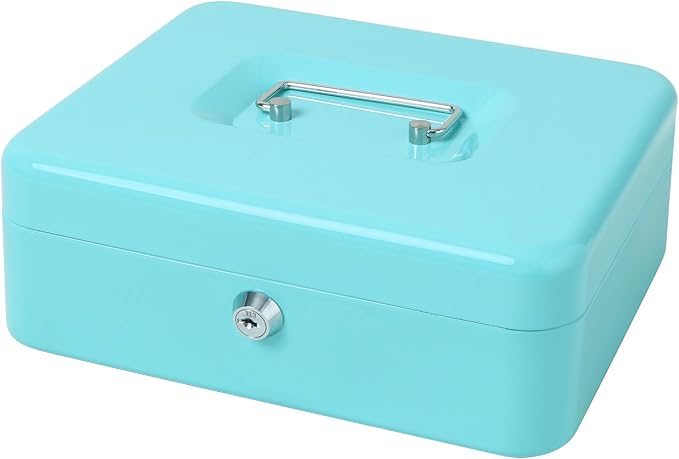 Jssmst Cash Box with Money Tray and Lock - Light Blue Money Saving Box for Cash Coins, Small Lock Box for Medication Personal Items, 9.84'' x 7.87'' x 3.46'', Light Blue by Jssmst