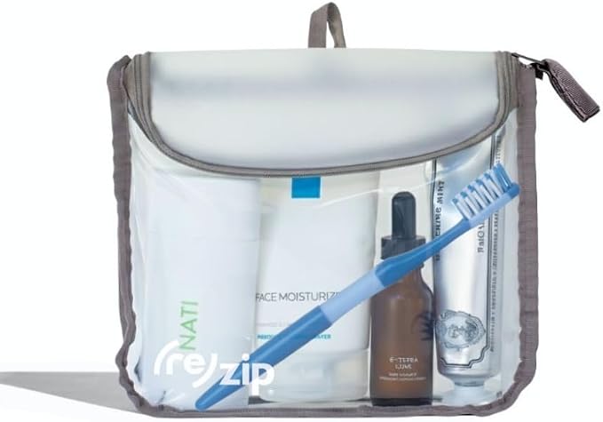 (re)zip TSA Approved Travel Toiletry Bag with Hanging Loop, Travel Quart Bag– Reusable Clear Makeup bags with zipper, Clear Pouch for Travel Essentials, Cosmetic | BPA-Free, Machine Washable - Gray by rezip