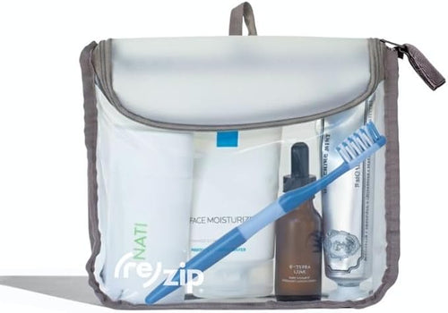 (re)zip TSA Approved Travel Toiletry Bag with Hanging Loop, Travel Quart Bag– Reusable Clear Makeup bags with zipper, Clear Pouch for Travel Essentials, Cosmetic | BPA-Free, Machine Washable - Gray by rezip