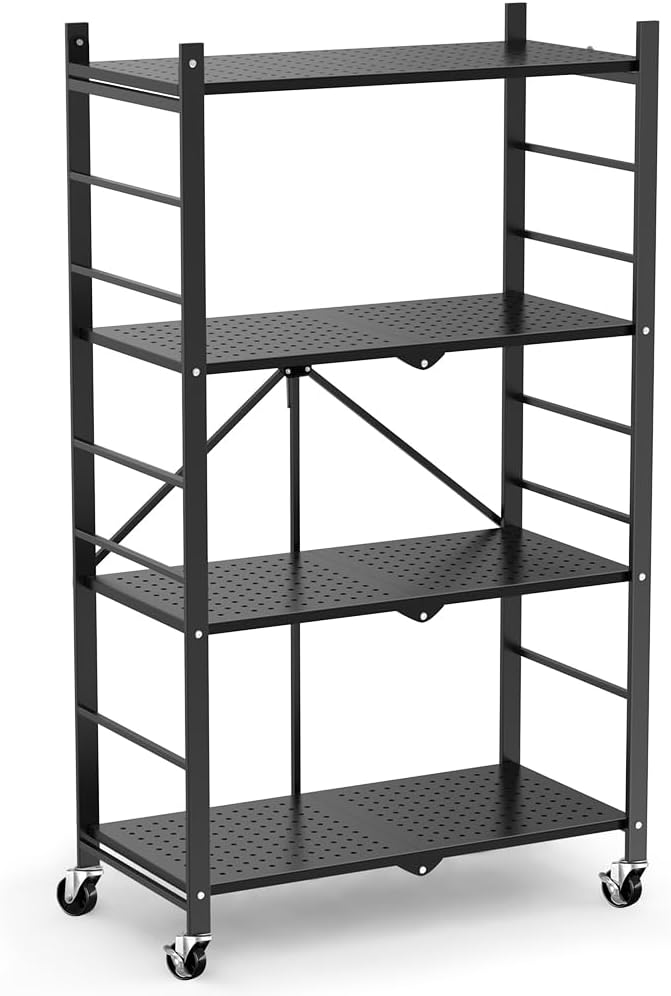 Himix 4-Tier Foldable Storage Shelf with Wheels 20 Hooks Black No Assembly | Metal collapsible organization, Folding storage rack, Wire shelving, Unit Rolling Cart, Kitchen, Garage, Holds 352 Ibs - Image 8