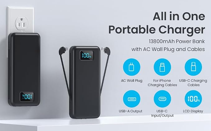 Portable Charger with Built-in AC Plug and Cables,13800mAh USB C Fast Charging Power Bank,Travel Essentials Portable Phone Charger Battery Pack for iPhone 17/16/15/14/13,Galaxy,Android-Graphite Black - Image 9