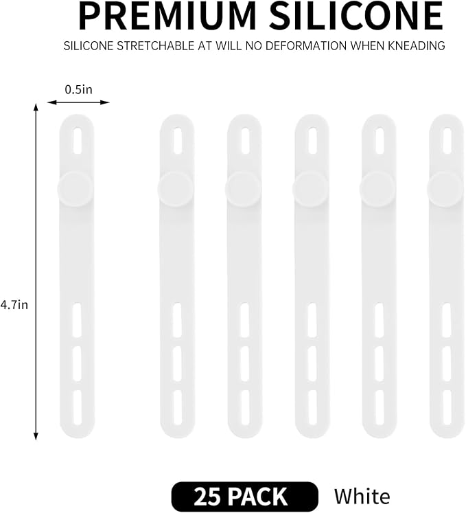 Oligei 25 Pcs Silicone Cable Ties, Cable Ties Reusable, High Elasticity Cord Wraps for Electrical Cords, Cord Organizer for Earphone, Phone Charger(White) - Image 2