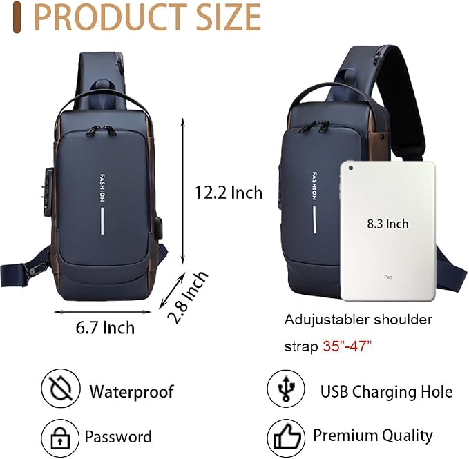 Travel Sling Bag Waterproof Crossbody Bag with Combination Lock Anti-Theft PU Leather Chest Bag with USB Charging Hole Shoulder Backpack Motorcycle Bags Blue - Image 2