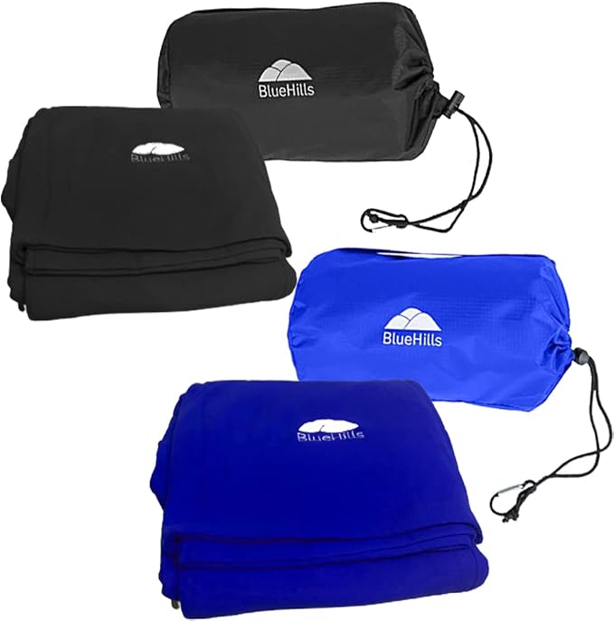 BlueHills Premium Soft Ultra Compact Travel Blanket Value Pack Set of 2 - Airplane Traveling Essentials Flight Blanket in a Portable Car Plane Travel Gift - Black and Royal Blue by BlueHills