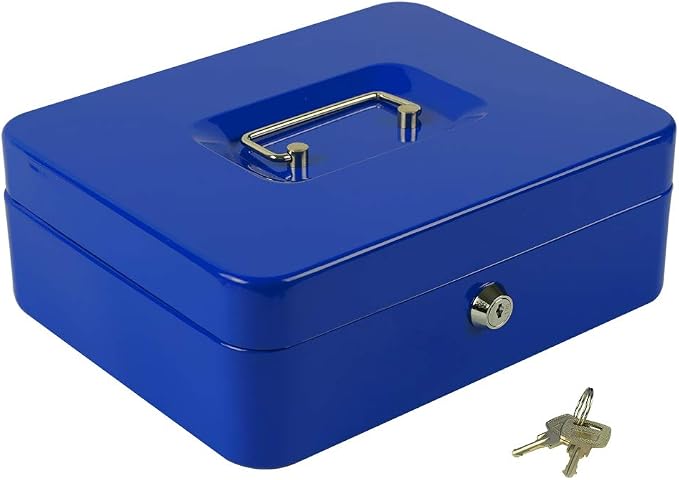 KYODOLED Large Lock Box with Money Tray,Storage Cash Box with Lock,Safe Metal Box for Money,9.84"x 7.87"x 3.54" Blue Large by KYODOLED