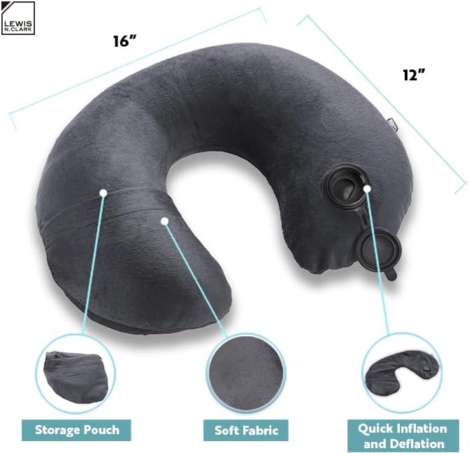 Lewis N Clark Compact Portable Adjustable and Inflatable Cervical Neck Pillow for Travel, Gray - Image 3