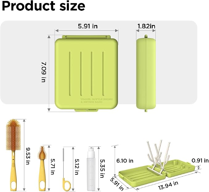 Travel Bottle Cleaner Kit with Foldable Bottle Drying Rack, Green | Auto-Open Rack & Vertical Brushs Drying Slots, 3 Silicone Brushes, Foldable Drying Rack, Dispenser, BPA Free. - Image 2