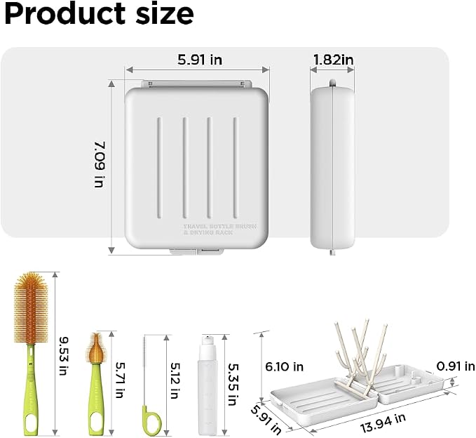 Travel Bottle Cleaner Kit with Foldable Bottle Drying Rack, White | Auto-Open Rack & Vertical Brushs Drying Slots, 3 Silicone Brushes, Foldable Drying Rack, Dispenser, BPA Free. - Image 2
